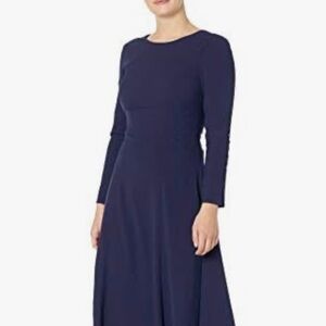 Tahari ASL Dress Midnight Navy V-neck Back Long Sleeve Formal Knee Length Sz 10